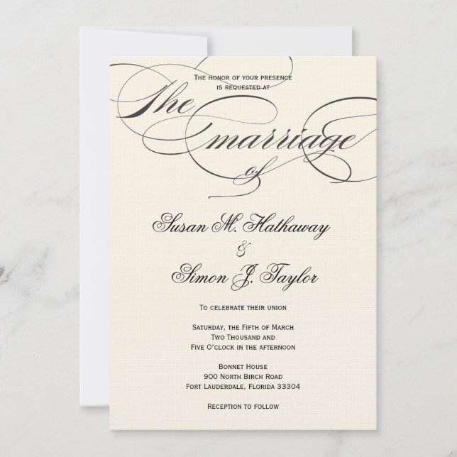Elegant Script Wedding Invitation - BlackOff White (Front)