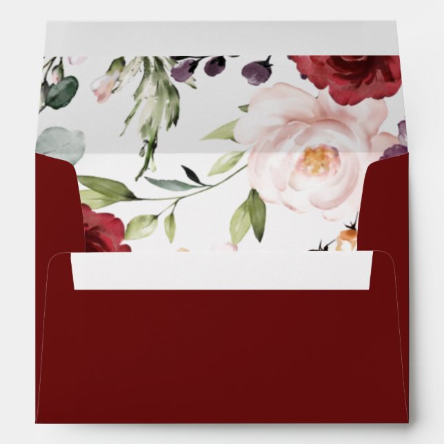 Elegant Script Wedding Invitation Burgundy Floral  Envelope (Back (Bottom))