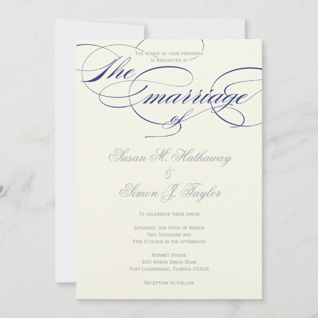 Elegant Script  Wedding Invitation  - Navy (Front)