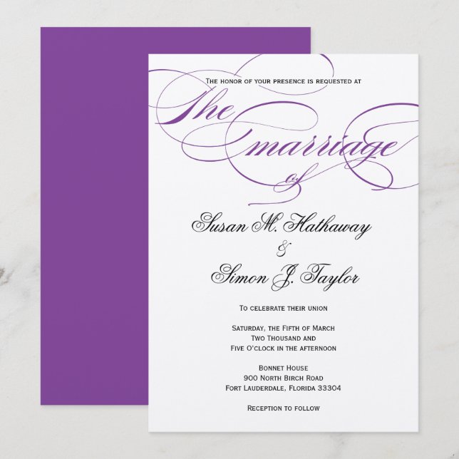 Elegant Script  Wedding Invitation - Purple (Front/Back)