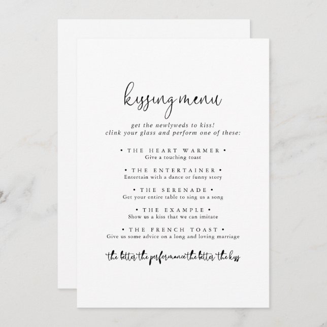Elegant Script Wedding Kissing Menu Game Card (Front/Back)