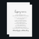 Elegant Script Wedding Kissing Menu Game Card<br><div class="desc">This elegant script wedding kissing menu game card is perfect for a rustic wedding reception. The simple and elegant design features classic and fancy script typography in black.</div>