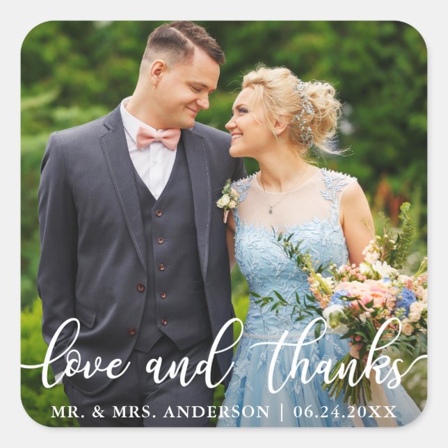 Elegant Script Wedding Love and Thanks Photo Square Sticker (Front)