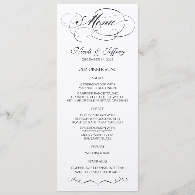 Elegant Script  Wedding Menu - Black (Front)