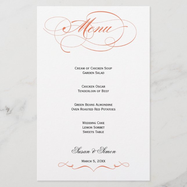 Elegant Script  Wedding Menu - Orange (Front)