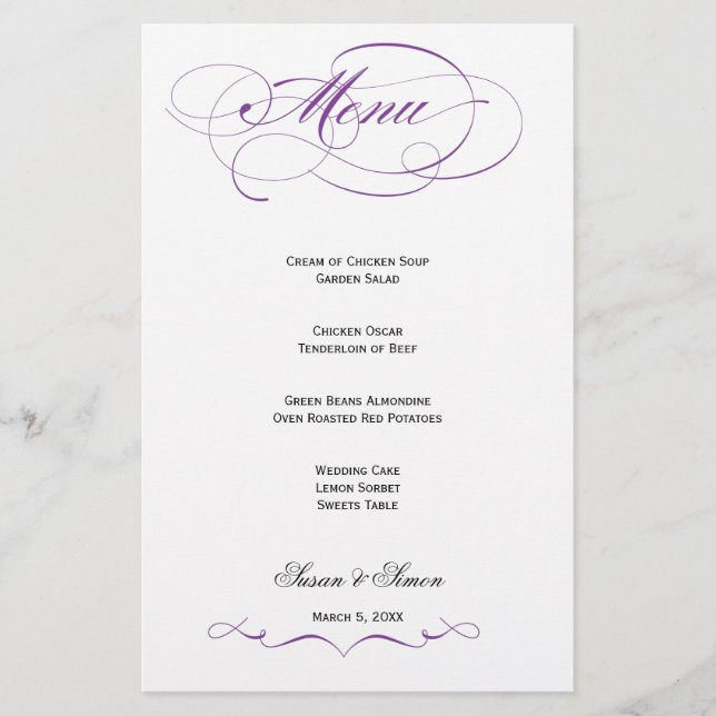 Elegant Script  Wedding Menu - Purple (Front)