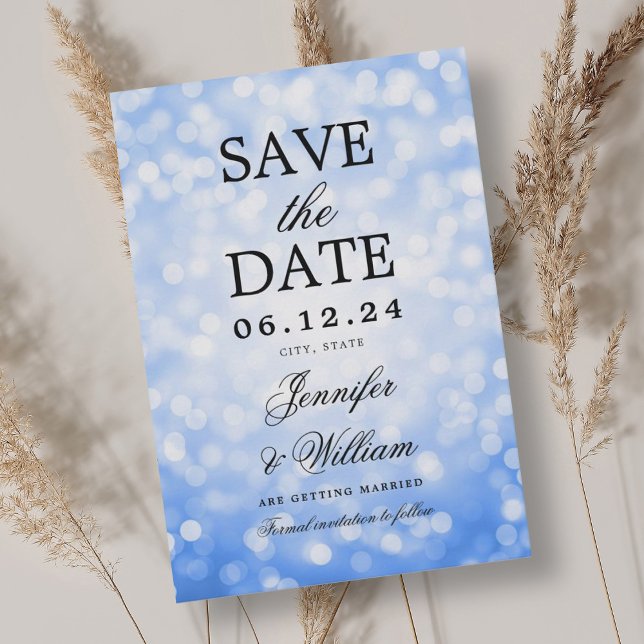Elegant Script Wedding Navy Blue Bokeh Lights  Save The Date (Elegant Script Wedding Navy Blue Bokeh Lights Save The Date)