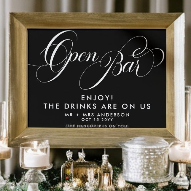 Elegant Script Wedding Open Bar Drink Menu Black Poster (Creator Uploaded)