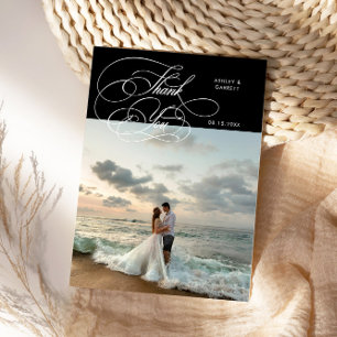 Elegant Script Wedding Photo Black Thank You Card