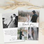 Elegant Script Wedding Photo Collage Thank You Car<br><div class="desc">Modern, Elegant, Minimalist Hand Lettered Wedding Photo Collage Thank You Card. Stylish wedding thank you card template featuring three (3) photo on the front and one (1) photo on the back side. With the text "thank you" in a swirly hand lettered typography script font in black on white background. Personalize...</div>