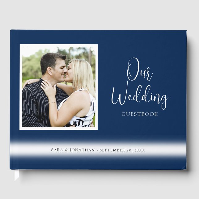 Elegant Script Wedding Photo Dark Blue Guest Book (Front)