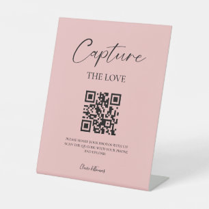 Elegant Script Wedding Photo Share QR code  Pedestal Sign