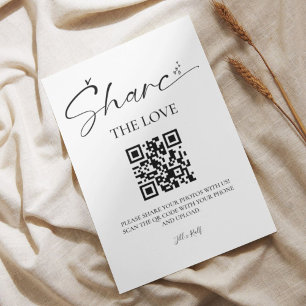 Elegant Script Wedding Photo Share QR code Pedestal Sign