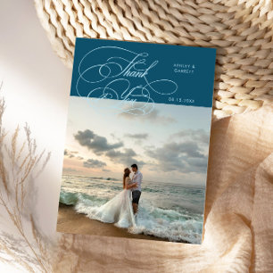 Elegant Script Wedding Photo Teal Thank You Card