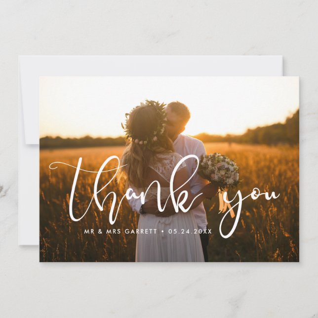 Elegant script wedding photo thank you card (Front)