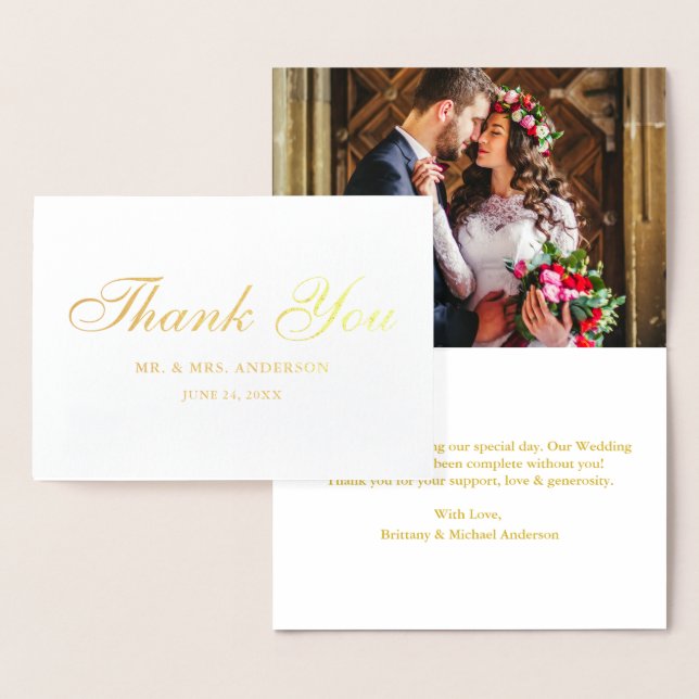 Elegant Script Wedding Photo Thank You Gold Foil Card (Display)