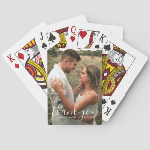 Elegant Script Wedding Photo Thank You Playing Cards