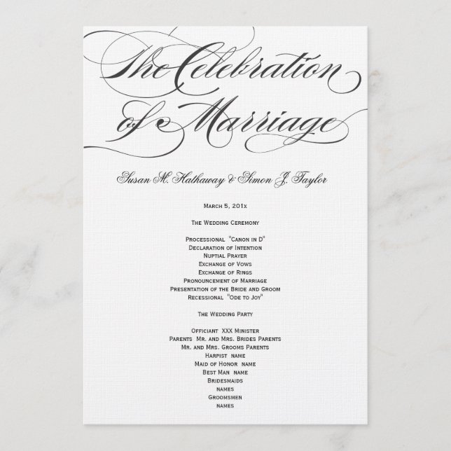 Elegant Script  Wedding Program - Black (Front)