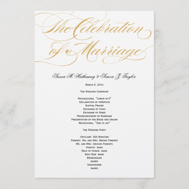 Elegant Script  Wedding Program - Gold & Black (Front)