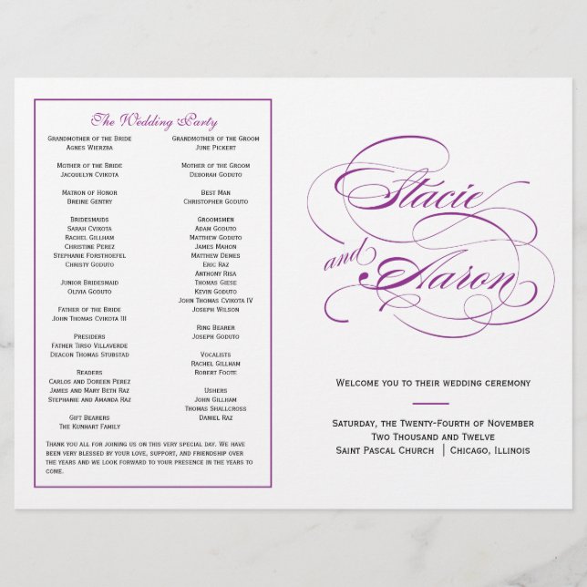 Elegant Script Wedding Program - Purple (Front)