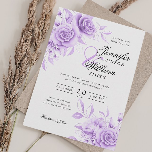Elegant Script Wedding Purple Floral w/ QR RSVP Invitation (Elegant Script Wedding Purple Floral w/ QR RSVP Invitation)