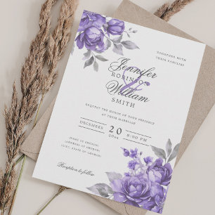 Elegant Script Wedding Purple Rustic Floral  Invitation