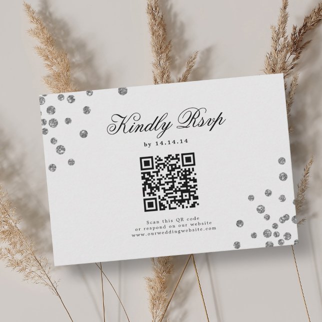 Elegant Script Wedding QR RSVP Silver Confetti  (Elegant Script Wedding QR RSVP Silver Confetti )