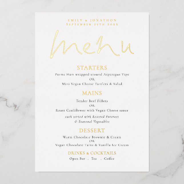 Elegant Script Wedding Real Foil Menu Card (Front)