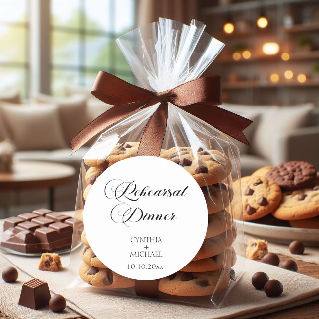 Elegant Script Wedding Rehearsal Dinner Classic Round Sticker (Creator Uploaded)