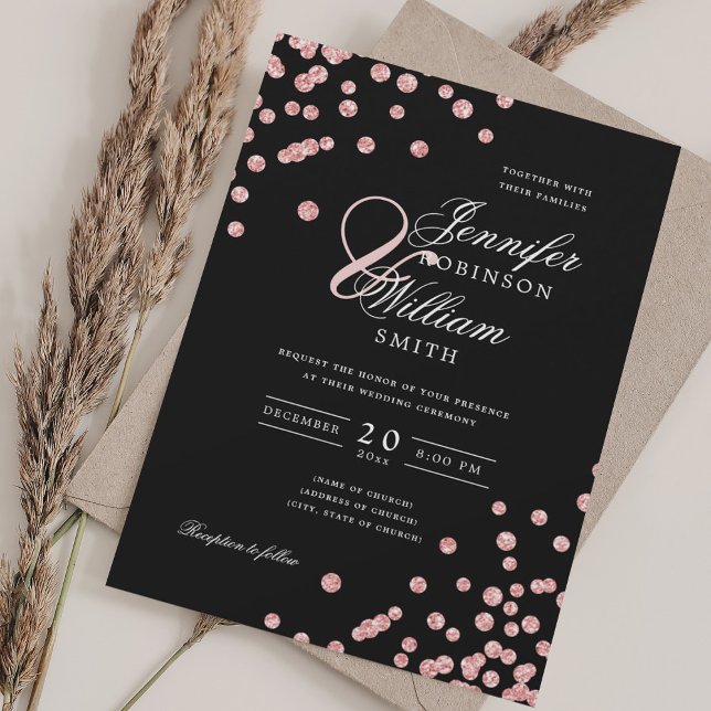 Elegant Script Wedding Rose Gold Confetti Black Invitation (Elegant Script Wedding Rose Gold Confetti Black Invitation)