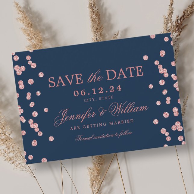 Elegant Script Wedding Rose Gold Confetti Navy  Save The Date (Elegant Script Wedding Rose Gold Confetti Navy Save The Date)