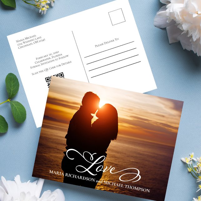 Elegant Script Wedding Save the Date Custom Announcement Postcard (Wedding save the date postcard template with "love" script typography. )