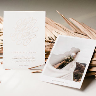 Elegant Script Wedding Save The Date Rose Gold