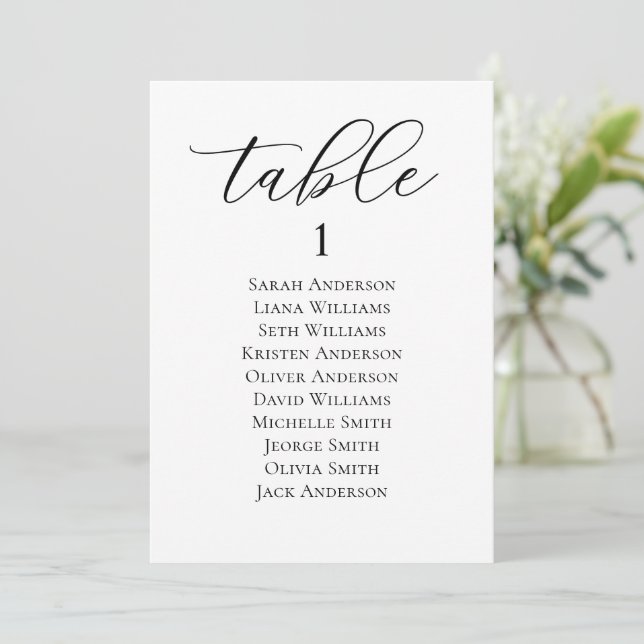 Elegant Script Wedding Seating Chart Card (Standing Front)