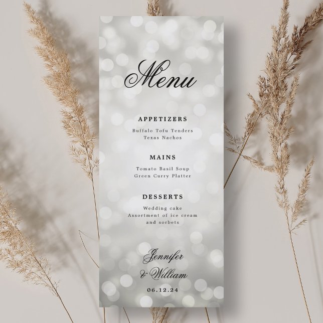 Elegant Script Wedding Silver Bokeh Lights Menu (Elegant Script Wedding Silver Bokeh Lights Menu)