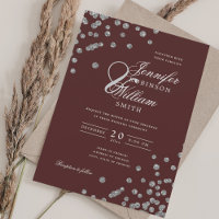 Elegant Script Wedding Silver Confetti QR Burgundy