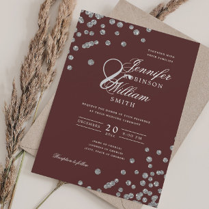 Elegant Script Wedding Silver Confetti QR Burgundy Invitation