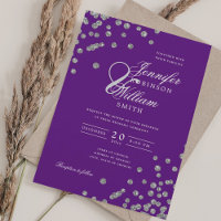 Elegant Script Wedding Silver Confetti QR Purple 