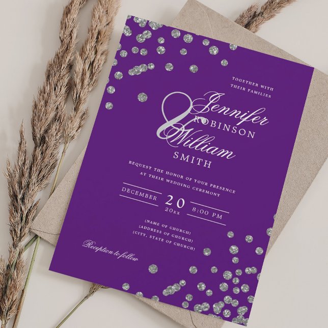 Elegant Script Wedding Silver Confetti QR Purple  Invitation (Elegant Script Wedding Silver Confetti QR Purple Invitation)