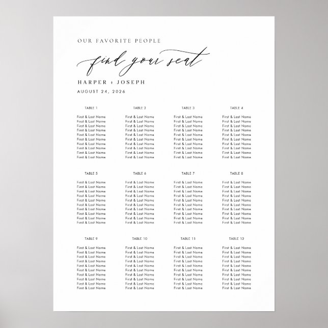 Elegant Script Wedding Table Seating Chart (Front)