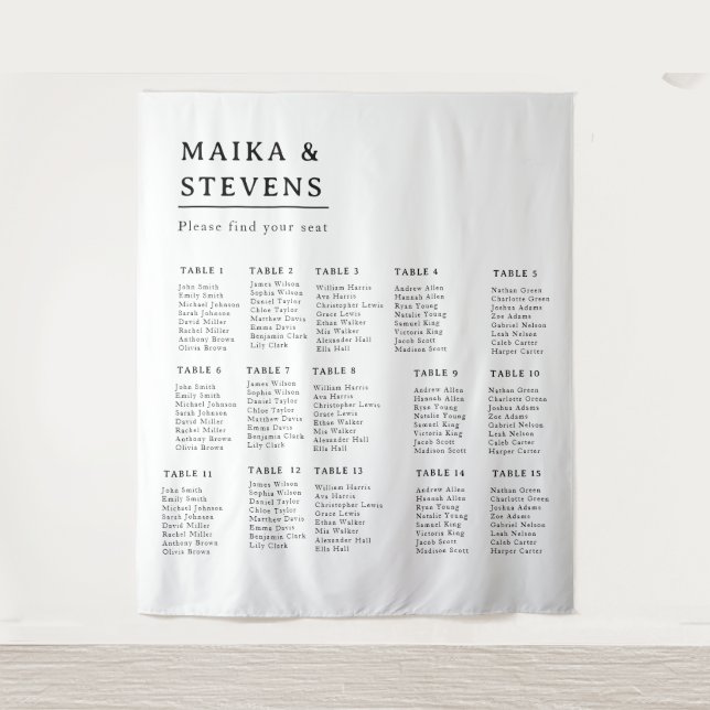 Elegant Script Wedding Table Seating Chart Foam Tapestry (Front)