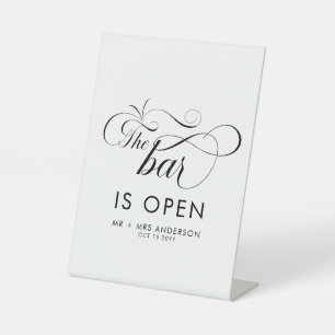 Elegant Script Wedding The Bar is Open Drinks Pedestal Sign