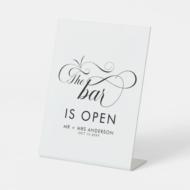 Elegant Script Wedding The Bar is Open Drinks Pedestal Sign (Front)