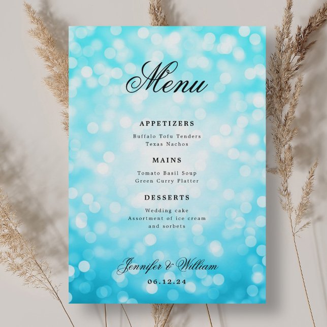 Elegant Script Wedding Turquoise Bokeh Lights  Menu (Elegant Script Wedding Turquoise Bokeh Lights Menu)