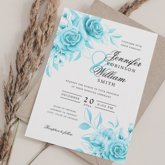 Elegant Script Wedding Turquoise Floral w/ QR RSVP Invitation (Elegant Script Wedding Turquoise Floral w/ QR RSVP Invitation)