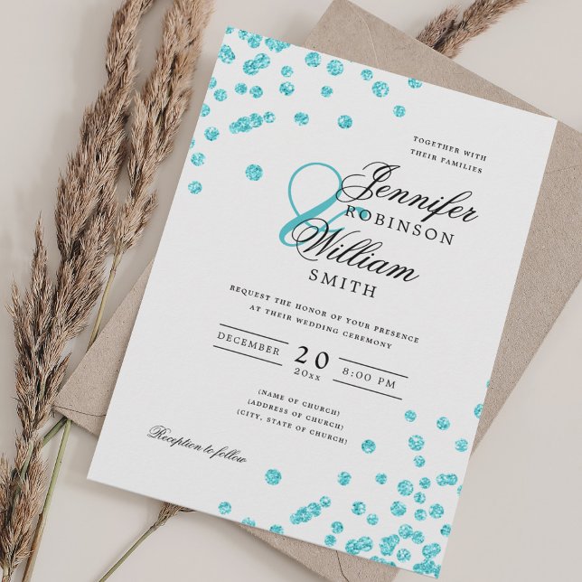 Elegant Script Wedding Turquoise Glitter Confetti  Invitation (Elegant Script Wedding Turquoise Glitter Confetti Invitation)