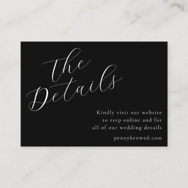 Elegant Script Wedding Website QR Code Black Enclosure Card (Front)