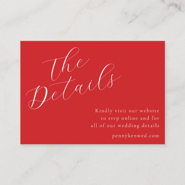 Elegant Script Wedding Website QR Code Red Enclosure Card (Front)