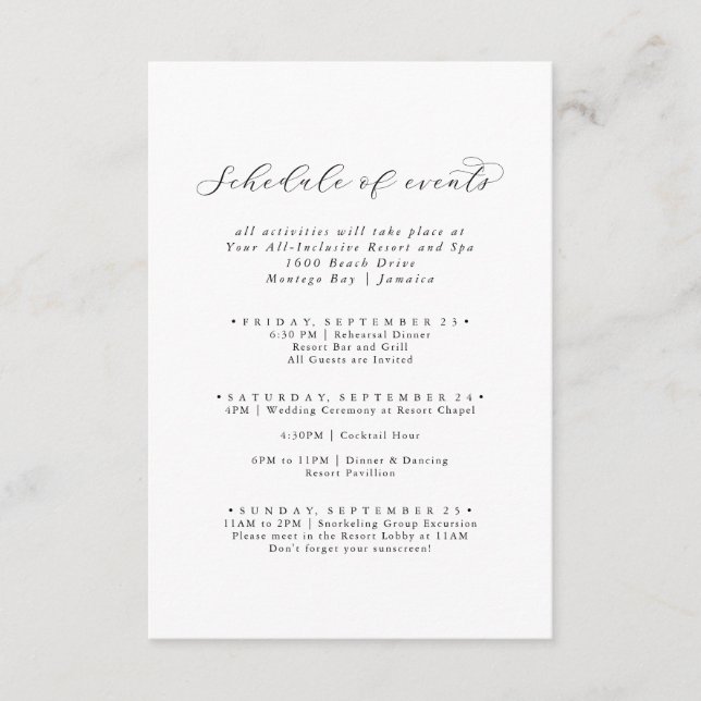 Elegant Script Wedding Weekend Schedule of Events  Enclosure Card (Front)