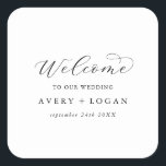 Elegant Script Wedding Welcome Square Sticker<br><div class="desc">These elegant script wedding welcome stickers are perfect for a simple wedding. The minimalist black and white design features fancy romantic typography with modern glam style. Customisable in any colour. Keep the design minimal and classy, as is, or personalise it by adding your own graphics and artwork. Personalise these stickers...</div>